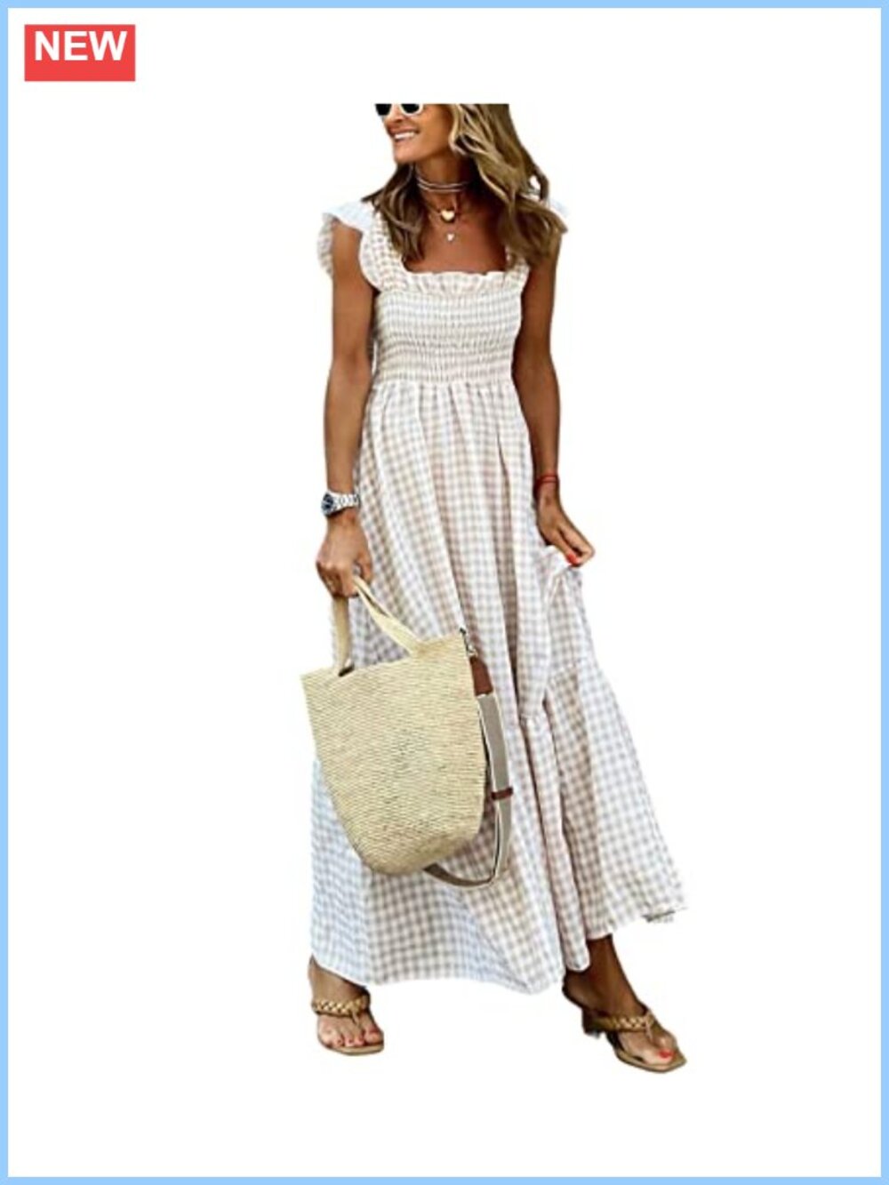 Women's Retro Plaid Smocked Dress Spaghetti Strap Flounce Long Dress Cotton Midi